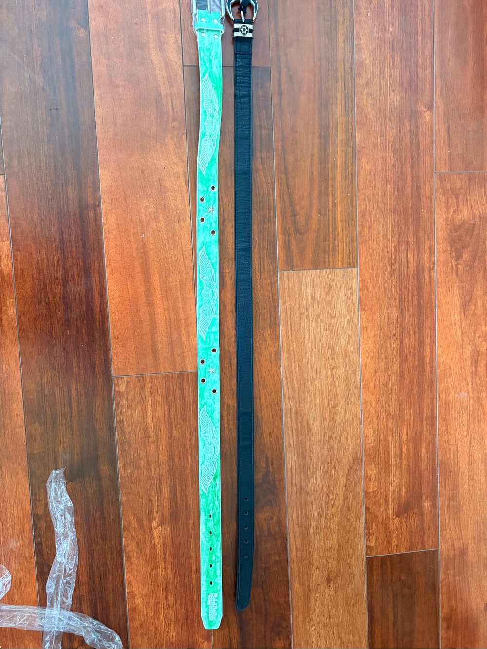 Green Patterned Leather Belt and Black Narrow Belt - Women’s Accessories